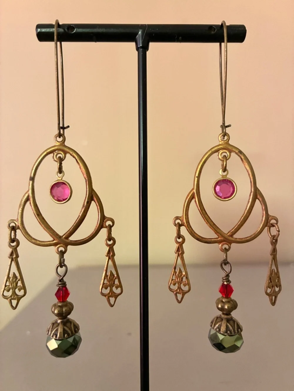 Art Nouveau Style Antique Gold Dangle Earrings Artisan - Picture 3 of 3